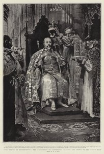 El emblema de la soberanía, el Arzobispo de Canterbury colocando la corona en la cabeza del rey